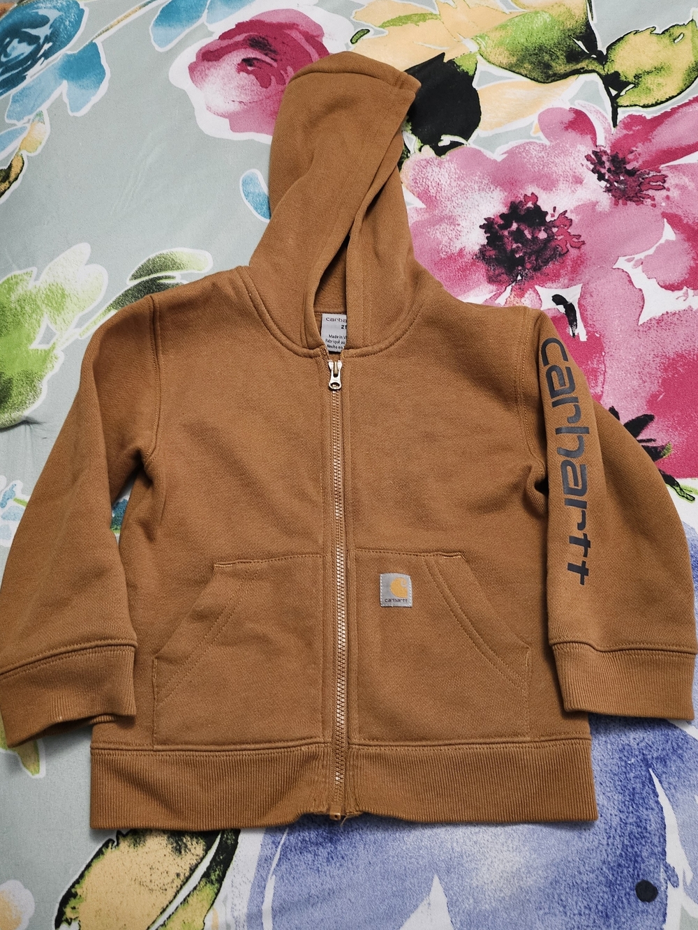 Carhartt Kids Caramel Brown Full-Zip Hoodie with Logo Sleeve